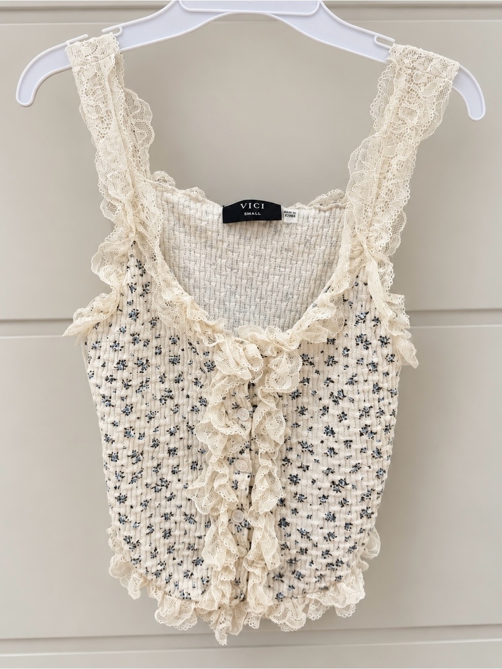 VICI Cream Floral Lace-Trim Knit Cami